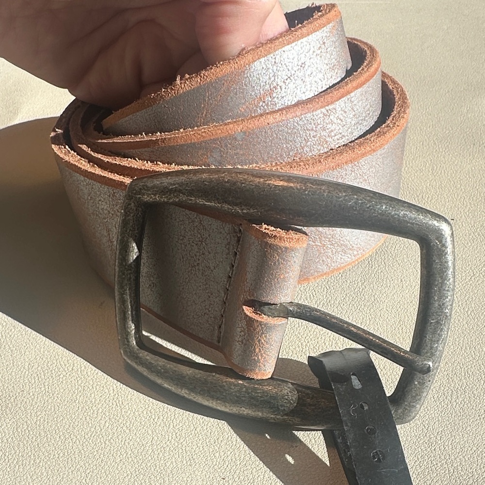 Metallic Genuine Leather Belt with Distressed Metal Buckle